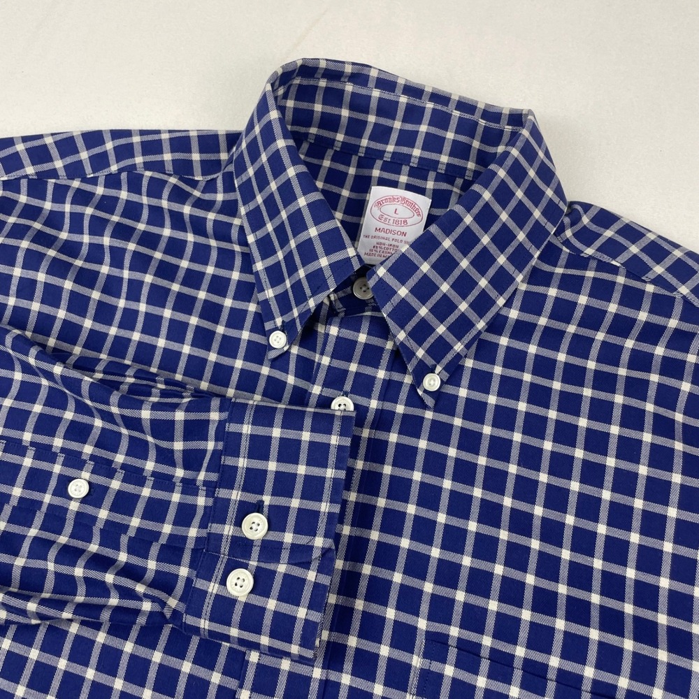 Brooks Brothers Madison Shirt Mens Large Blue Check Cotton Cashmere Non-Iron L
